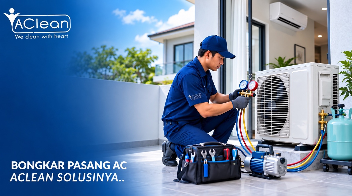 Teknisi AClean menyiapkan bongkar pasang AC dengan peralatan profesional