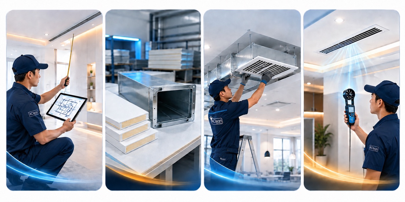 Empat tahap pengerjaan ducting AC AClean: survei, fabrikasi, instalasi, dan balancing