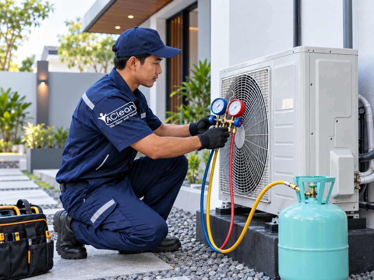 Pengisian freon AC oleh teknisi AClean